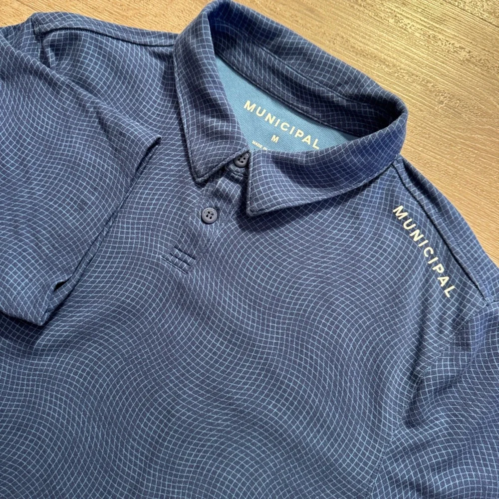 Municipal Polo Shirt Mens M Blue Wavy Grid Cotton Golf Performance Sport Golfer